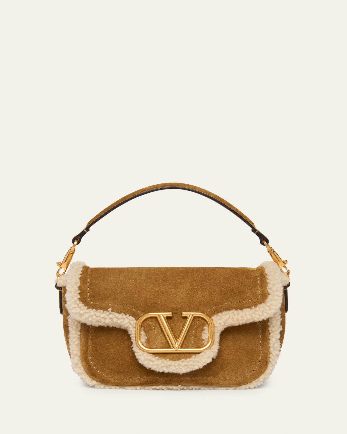 Valentino Garavani VLogo Shearling & Suede Top-Handle Bag