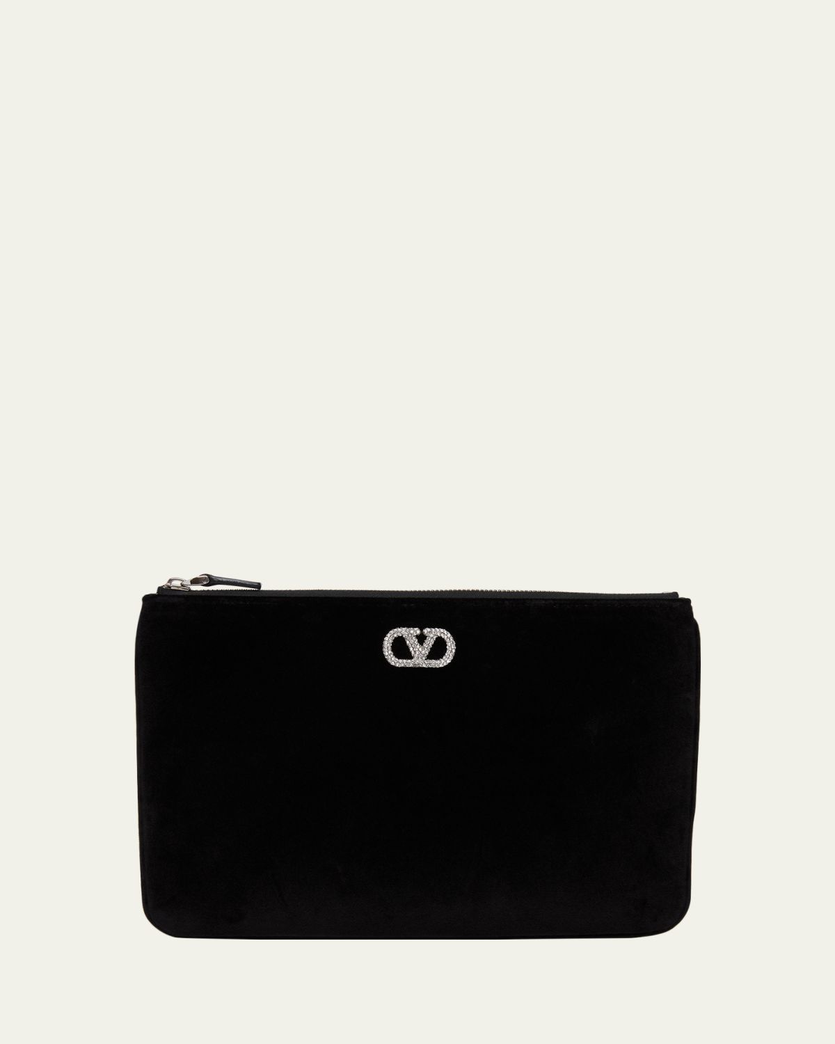 Valentino Garavani Medium Crystal VLogo Velvety Flat Pouch Bag