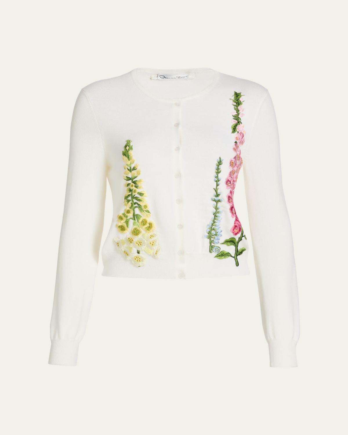 Oscar de la Renta Floral Embroidered Wool Crewneck Cardigan