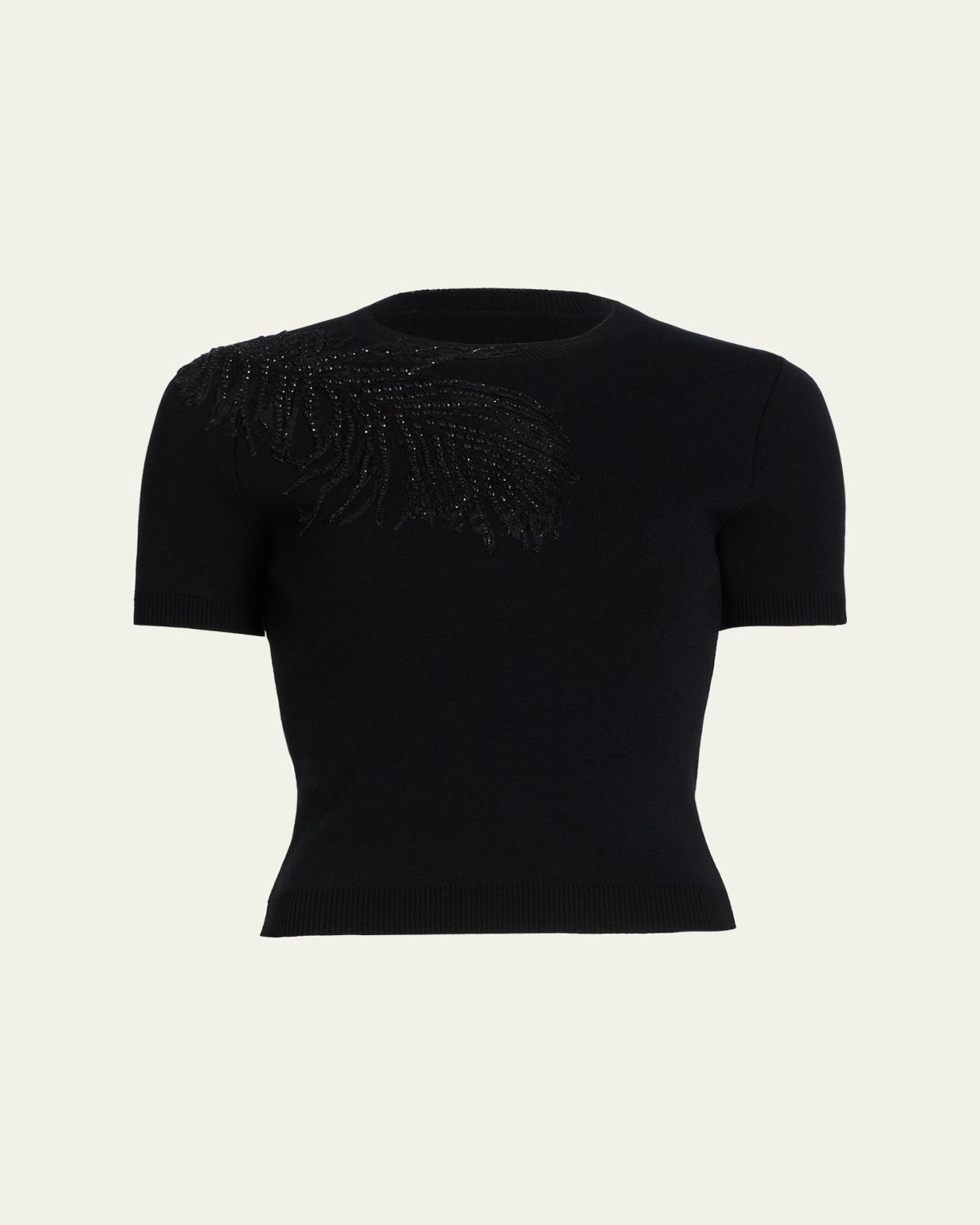 Oscar de la Renta Embroidered Feather Short-Sleeve Sweater