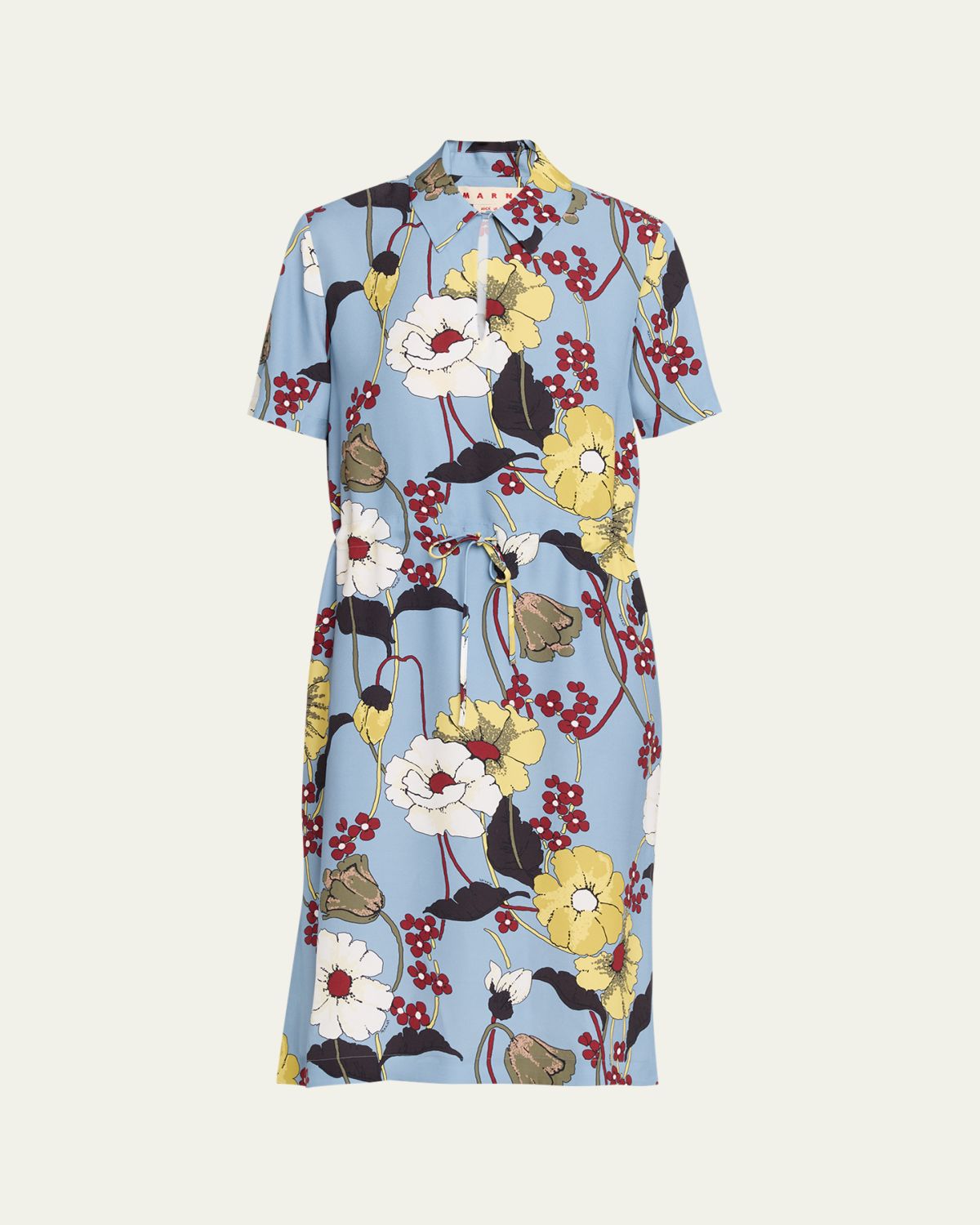Marni Floral Short-Sleeve Drawstring Midi Dress