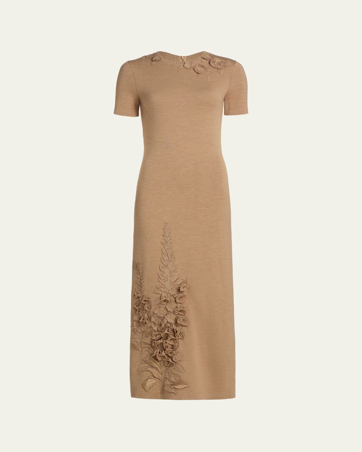Oscar de la Renta Foxglove Embroidered Short-Sleeve Knit Maxi Dress