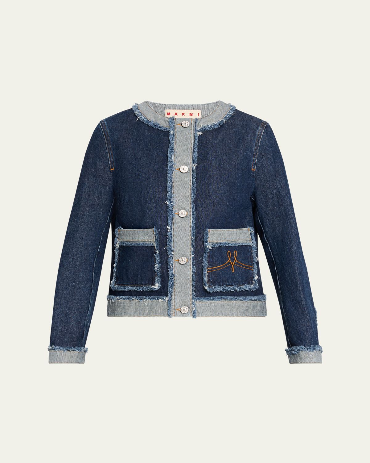 Marni Inside-Out Fringed Trim Denim Collarless Jacket