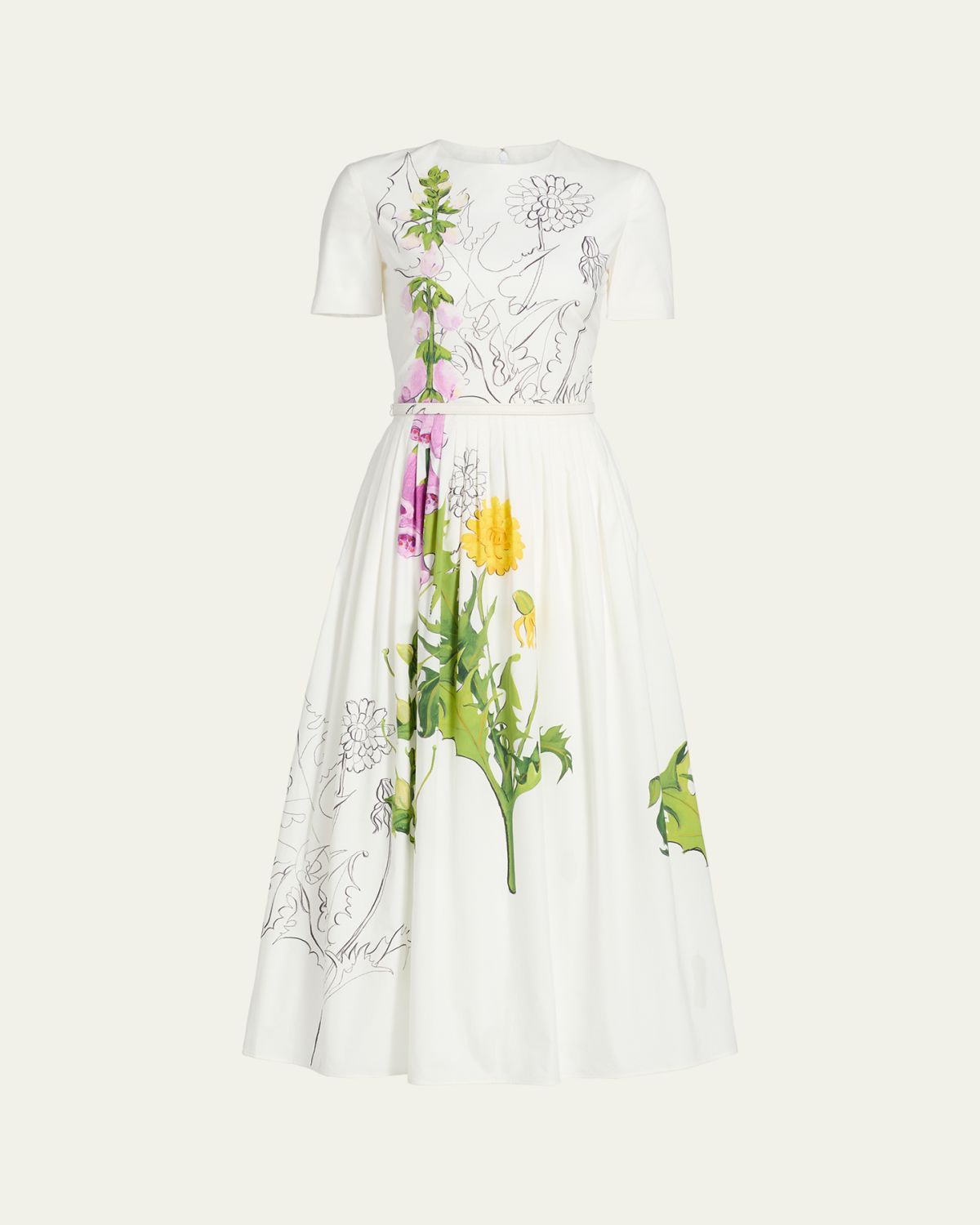 Oscar de la Renta Foxglove Dandelion Poplin Short-Sleeve Midi Dress With Belt