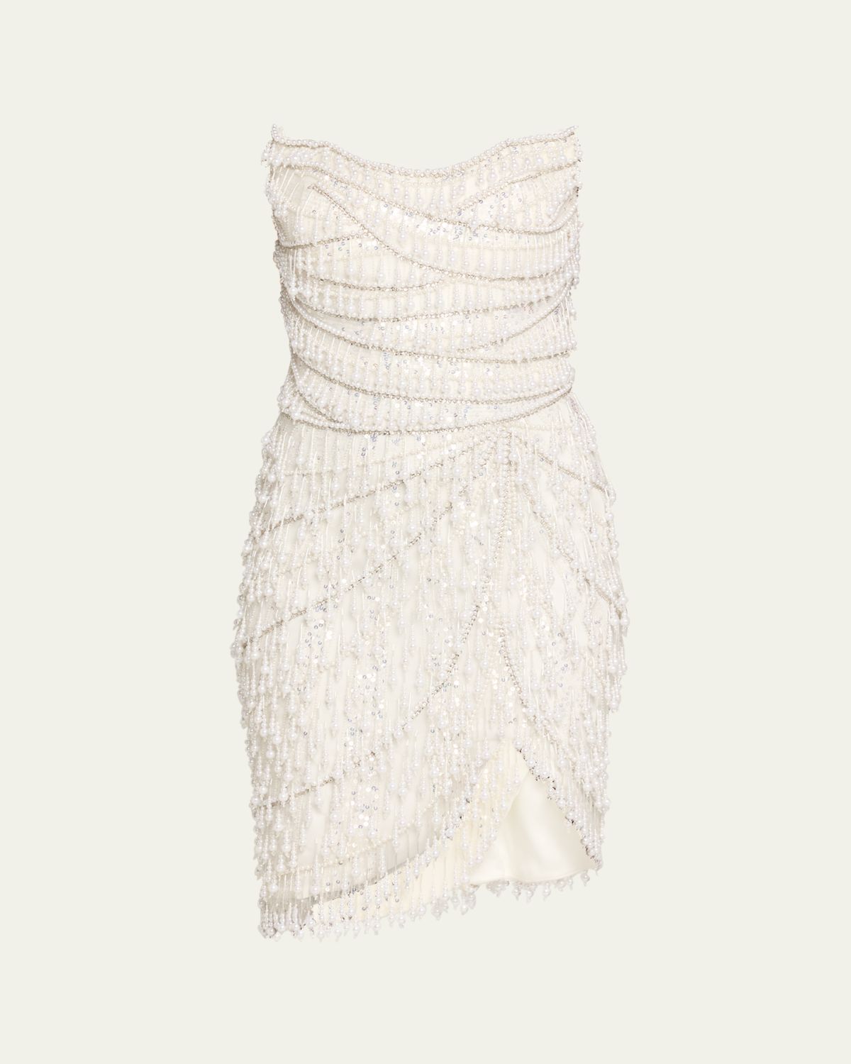 Pamella Roland Strapless Fringe Embroidered Tulle Mini Cocktail Dress