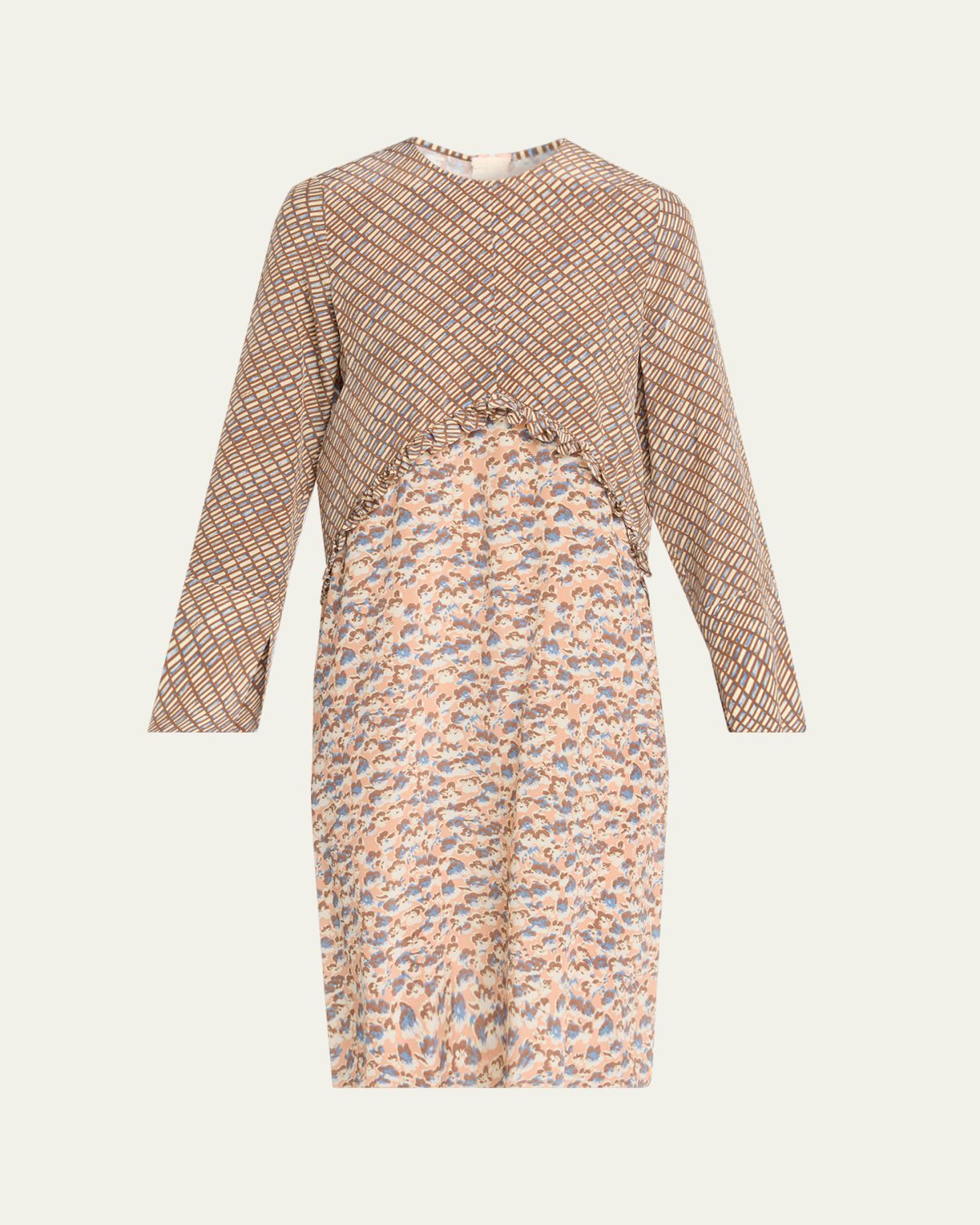 Marni Mixed-Print Silk Long-Sleeve Empire Shift Dress