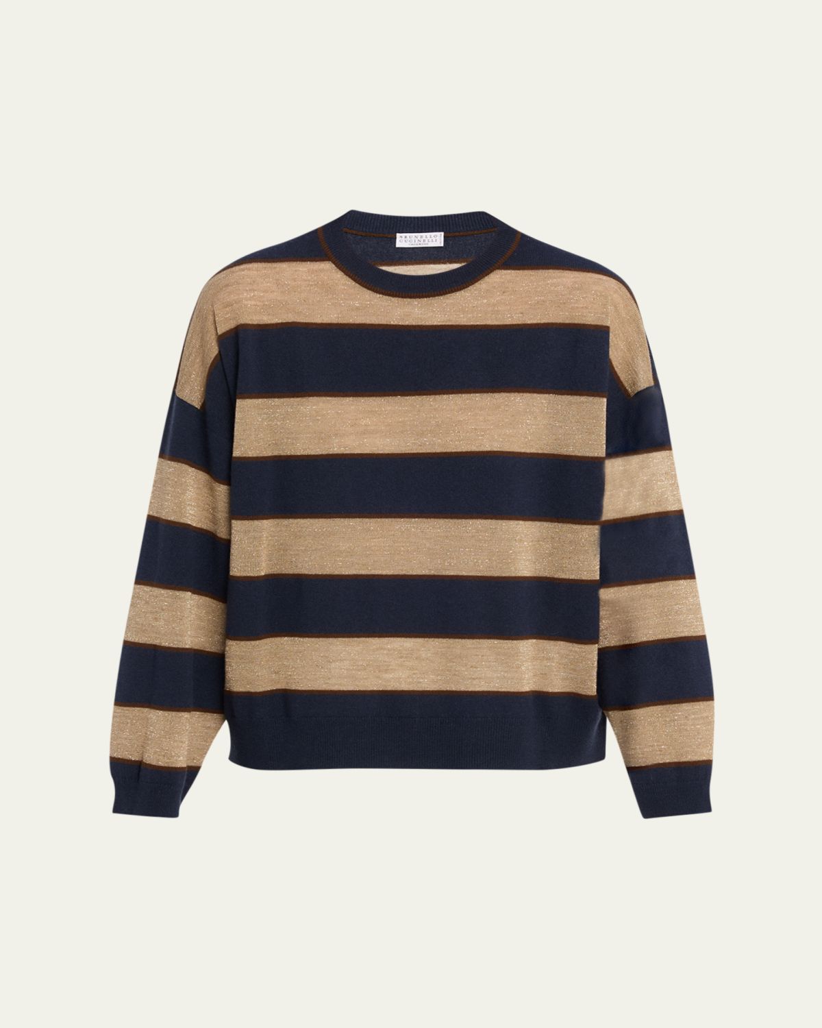 Brunello Cucinelli Shimmering Striped Wool-Cashmere Crewneck Sweater