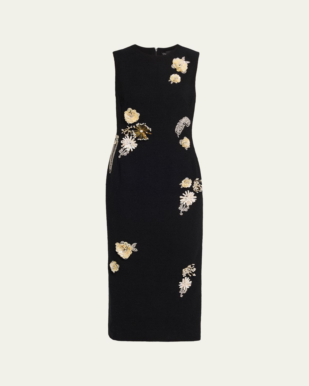 Oscar de la Renta Crystal Embroidered Tweed Sleeveless Midi Cocktail Dress