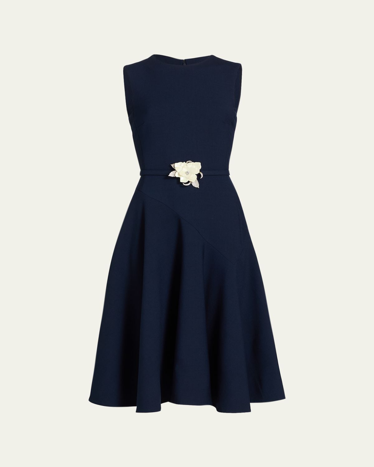 Oscar de la Renta Sleeveless Crystal Belted Stretch Wool Midi Dress