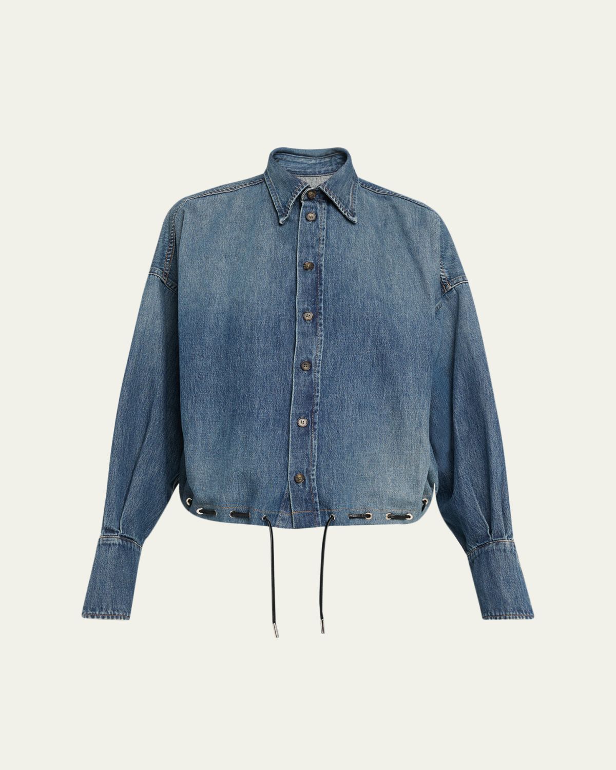 Brandon Maxwell Leland Denim Drawstring Bubble Shirt