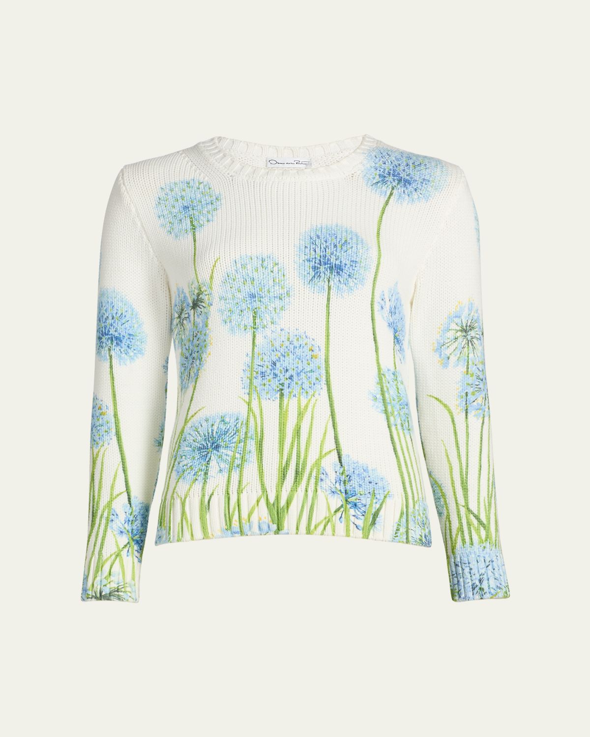 Oscar de la Renta Allium-Print Cotton Knit Crewneck Sweater