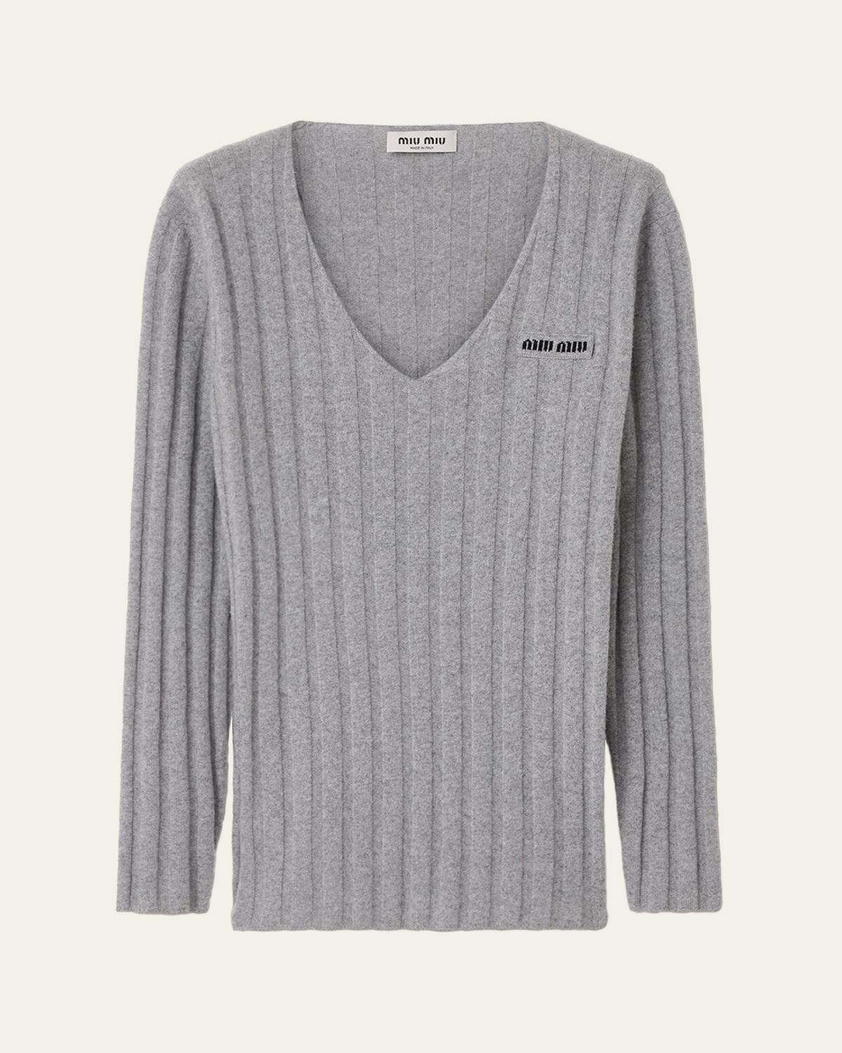 Miu Miu Cashmere-Wool Rib V-Neck Sweater