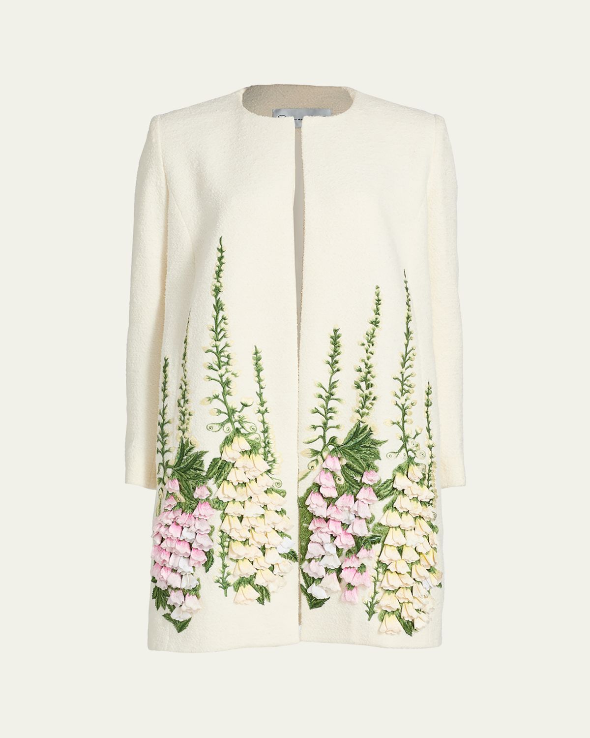 Oscar de la Renta Foxglove Embroidered Tweed Collarless Jacket