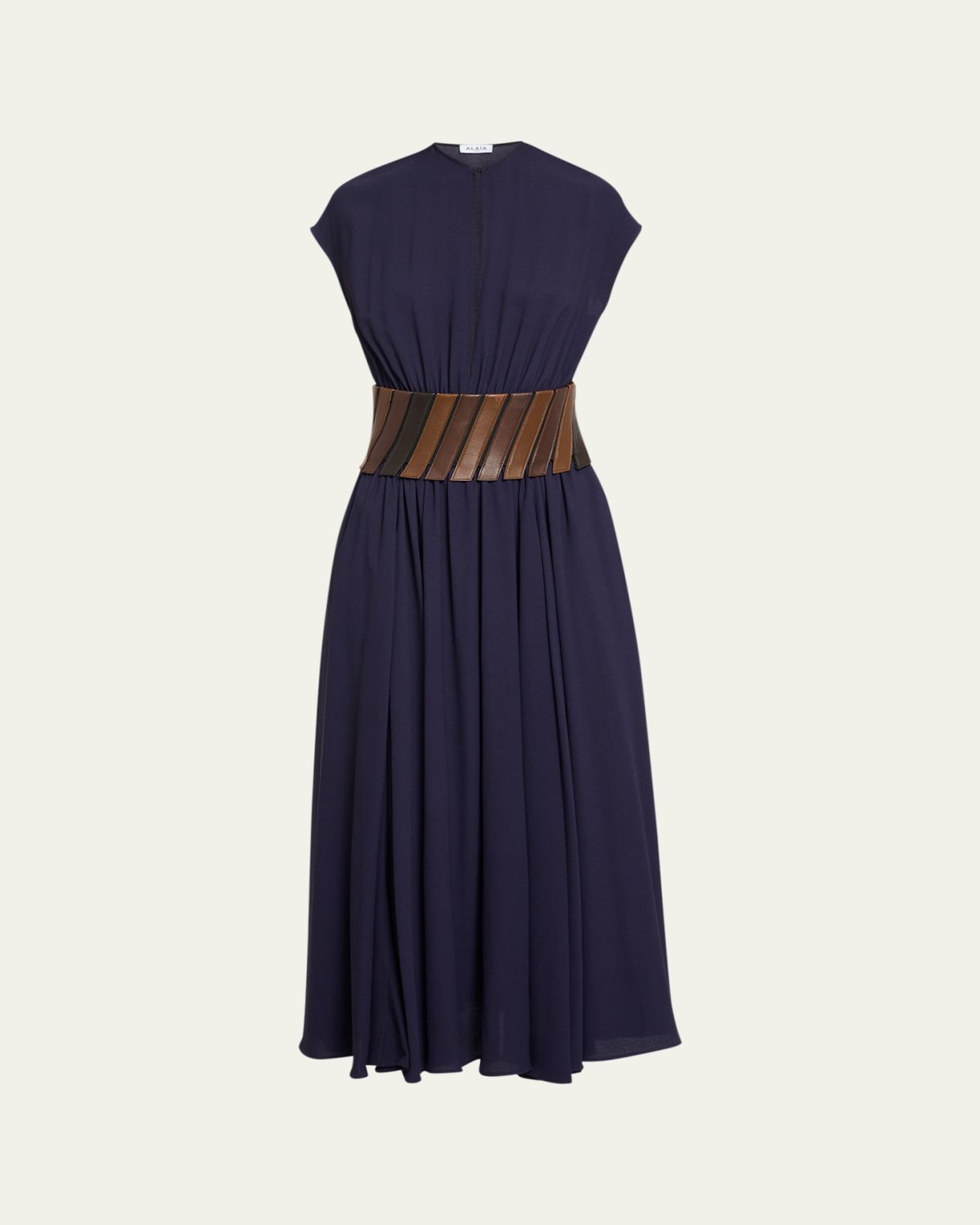 ALAIA Leather Belted Cap-Sleeve Midi Dress