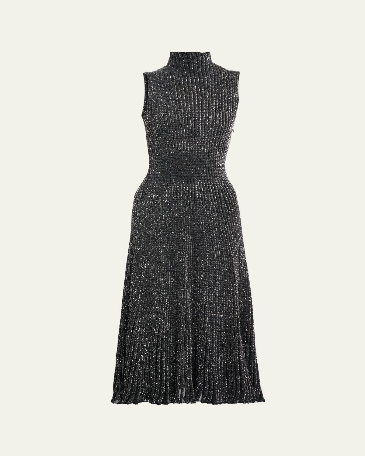 ALAIA Mock-Neck Metallic Rib Sleeveless Midi Dress