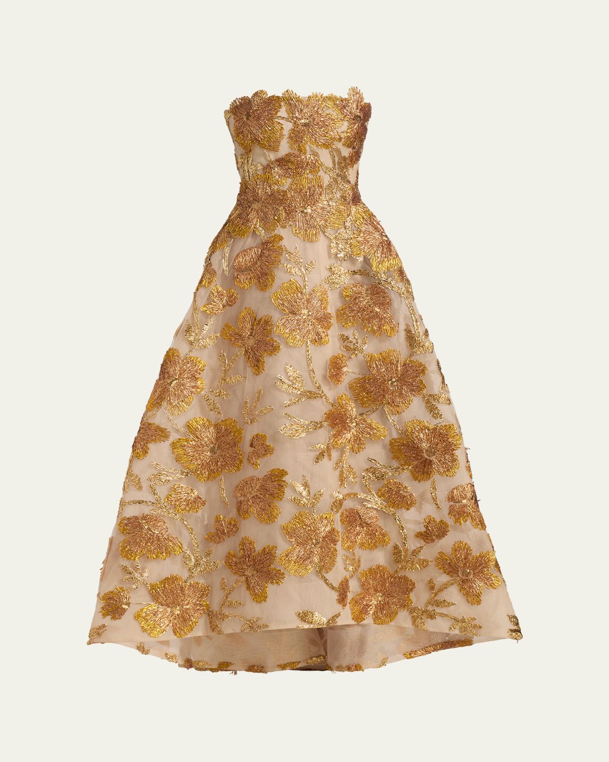 Monique Lhuillier Metallic Floral Embroidered High-Low Strapless Gown