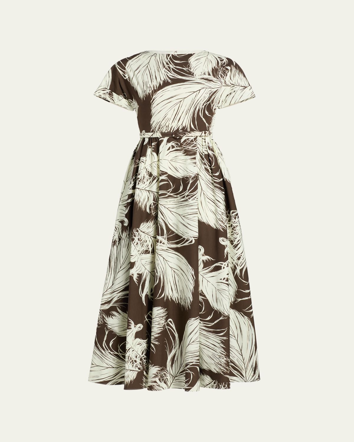 Oscar de la Renta Feather-Print Short-Sleeve Belted Fit-&-Flare Ankle Dress