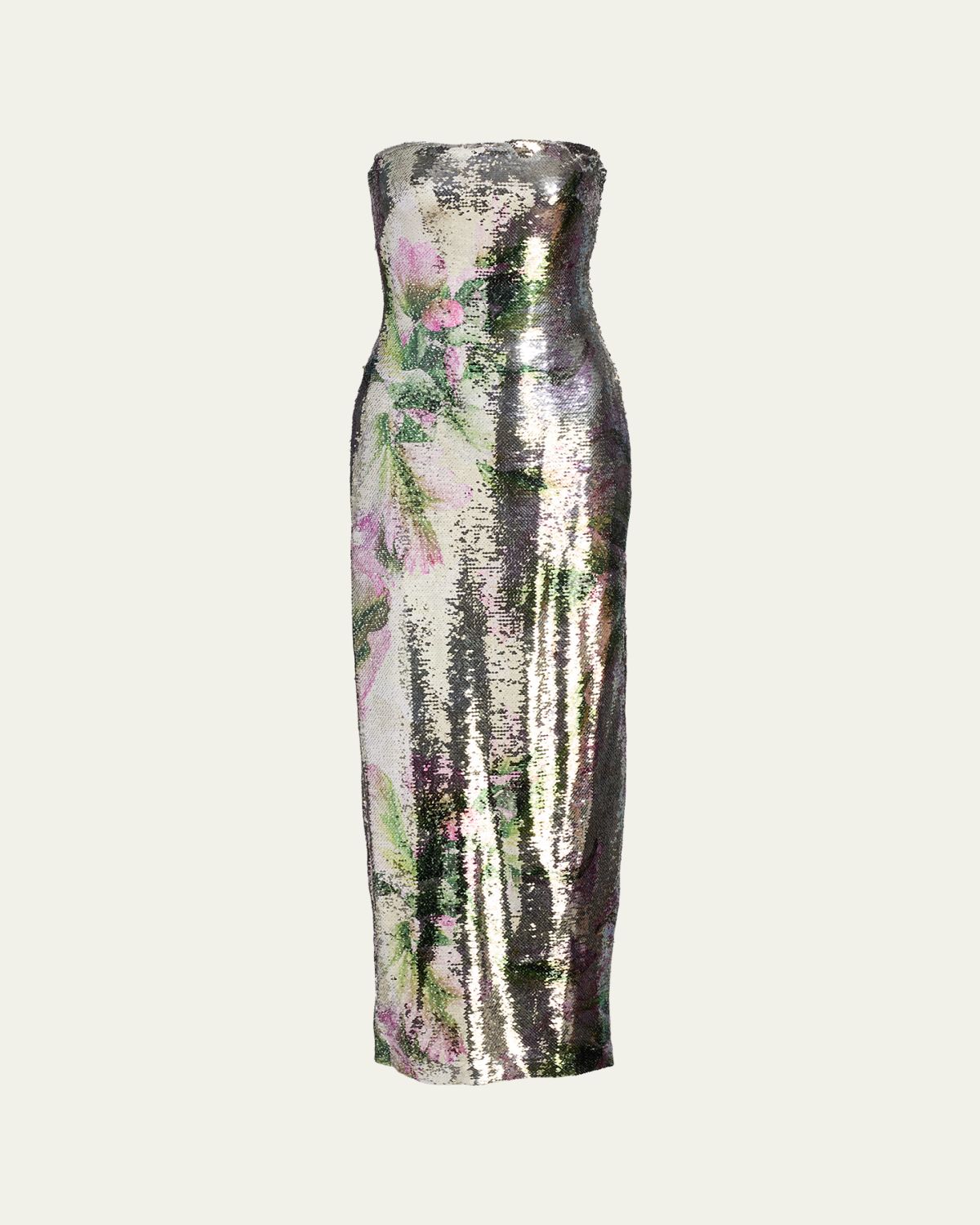 Monique Lhuillier Floral-Print Sequined Strapless Column Gown