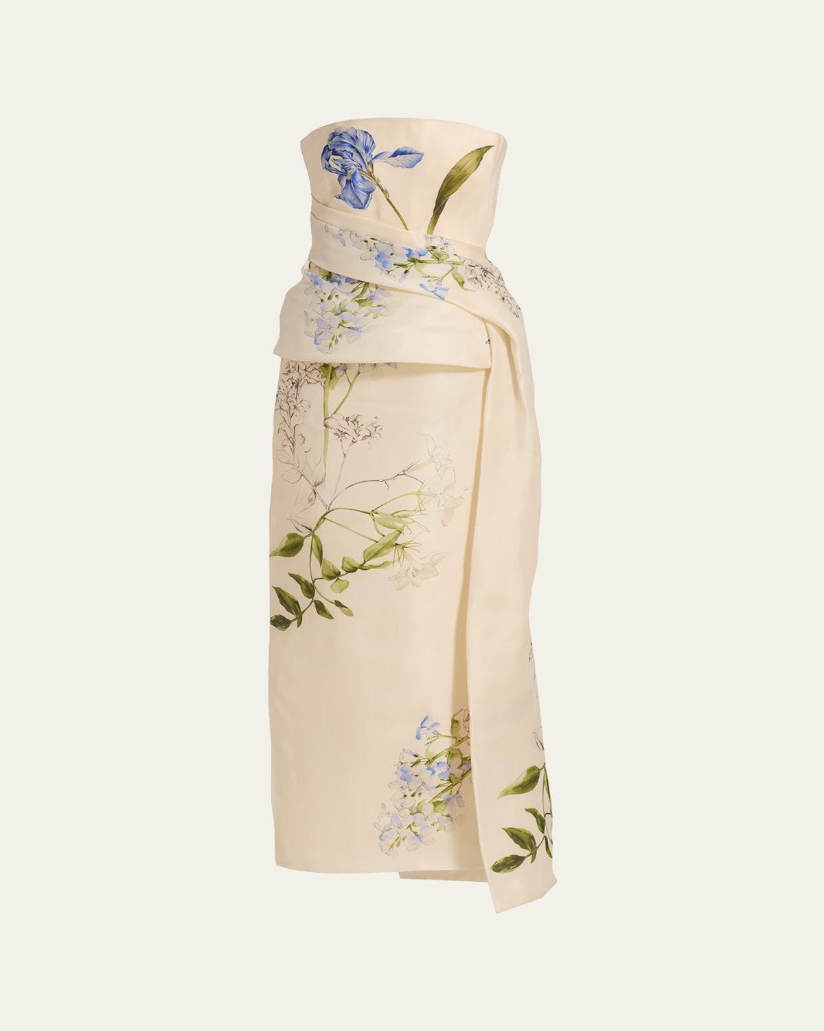 Monique Lhuillier Iris Gazar Silk Strapless Peplum Drape Ankle Gown