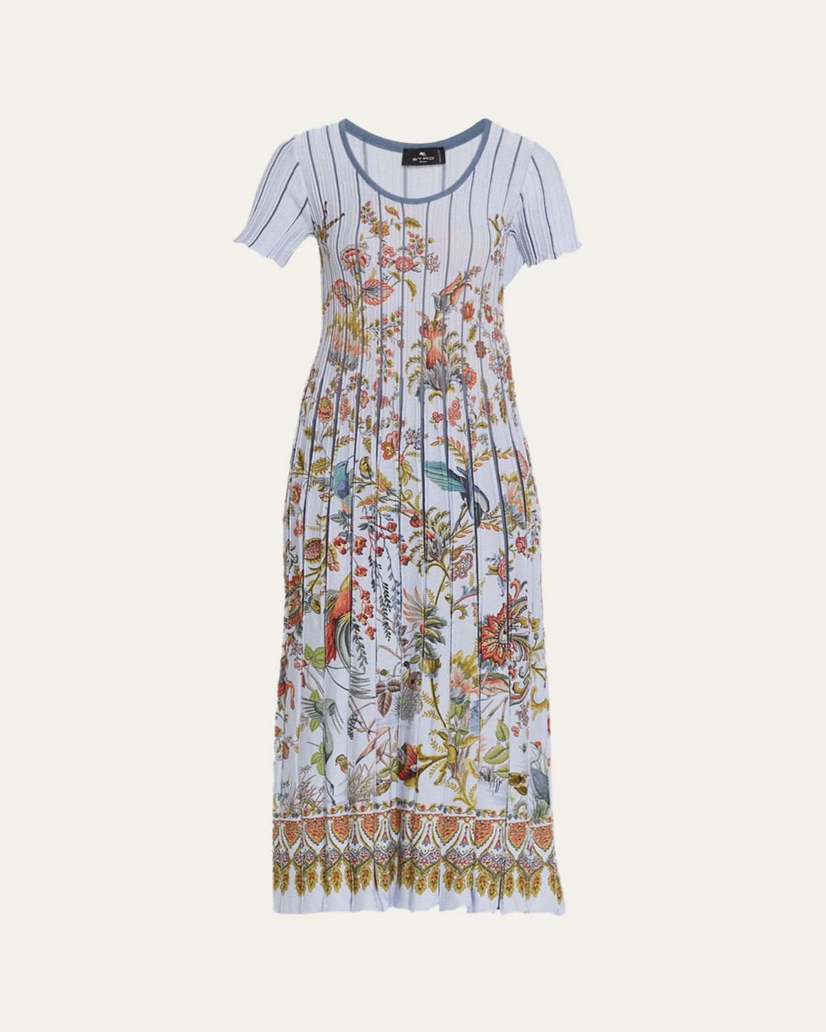 Etro Floral-Print Pleated Short-Sleeve Midi Dress