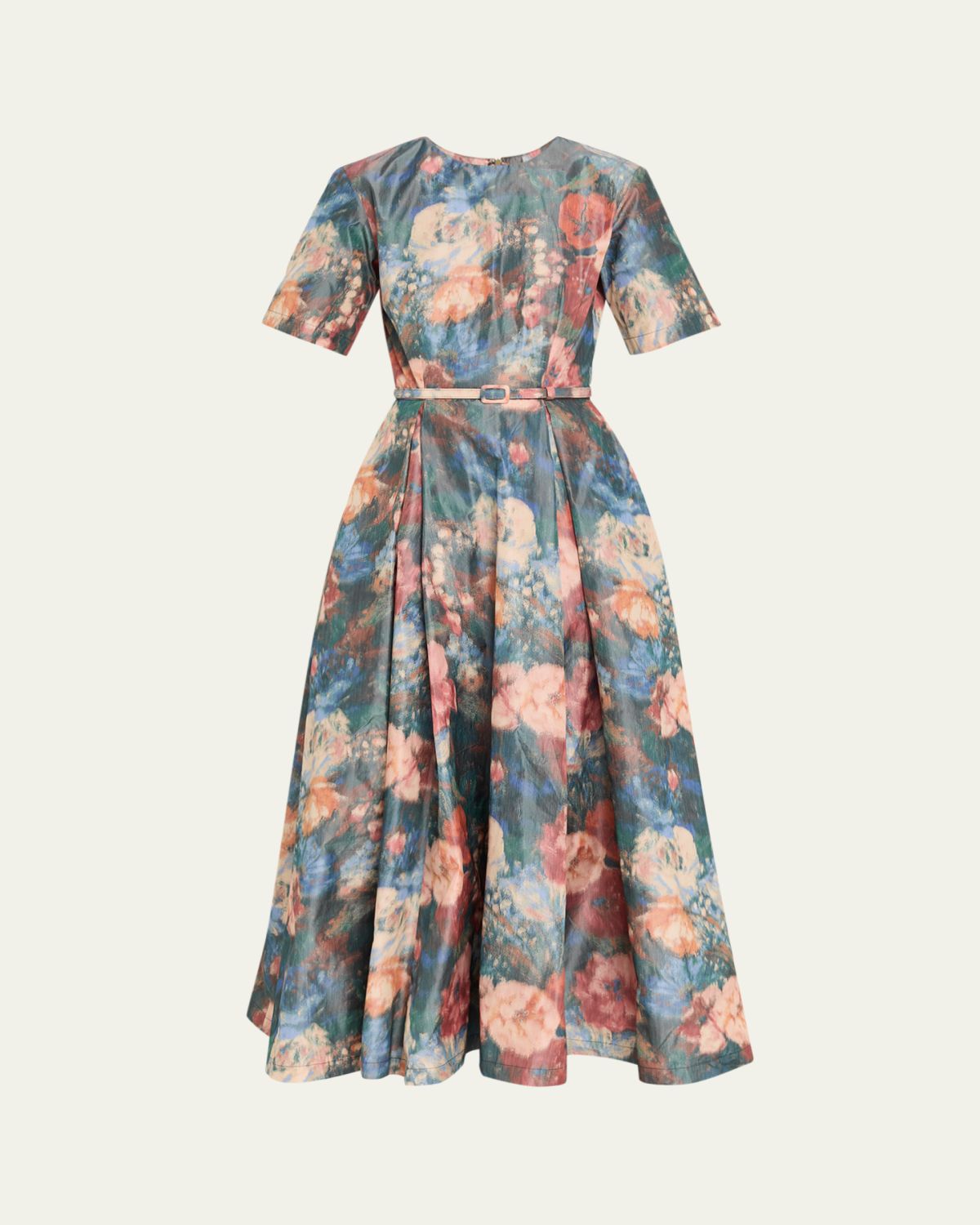 Prabal Gurung Short-Sleeve Floral Taffeta Belted Midi Cocktail Dress