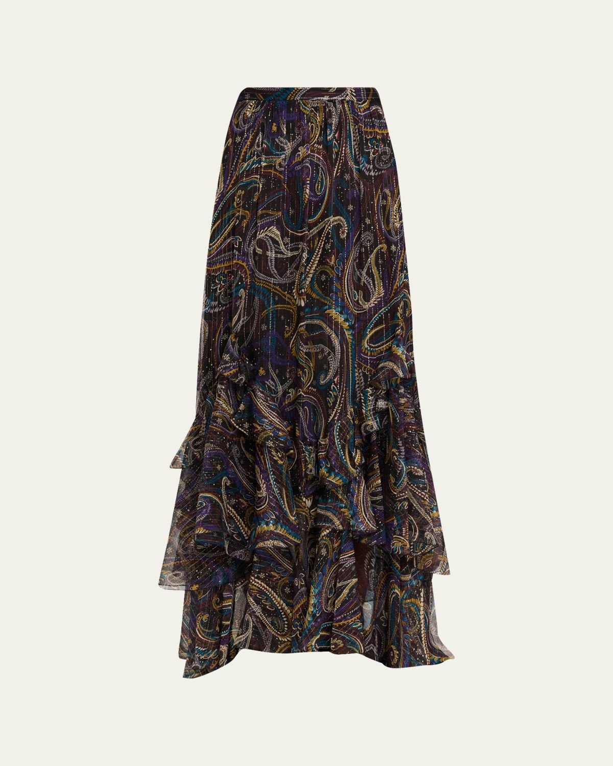 Etro Metallic Paisley Tiered Ruffle Maxi Skirt