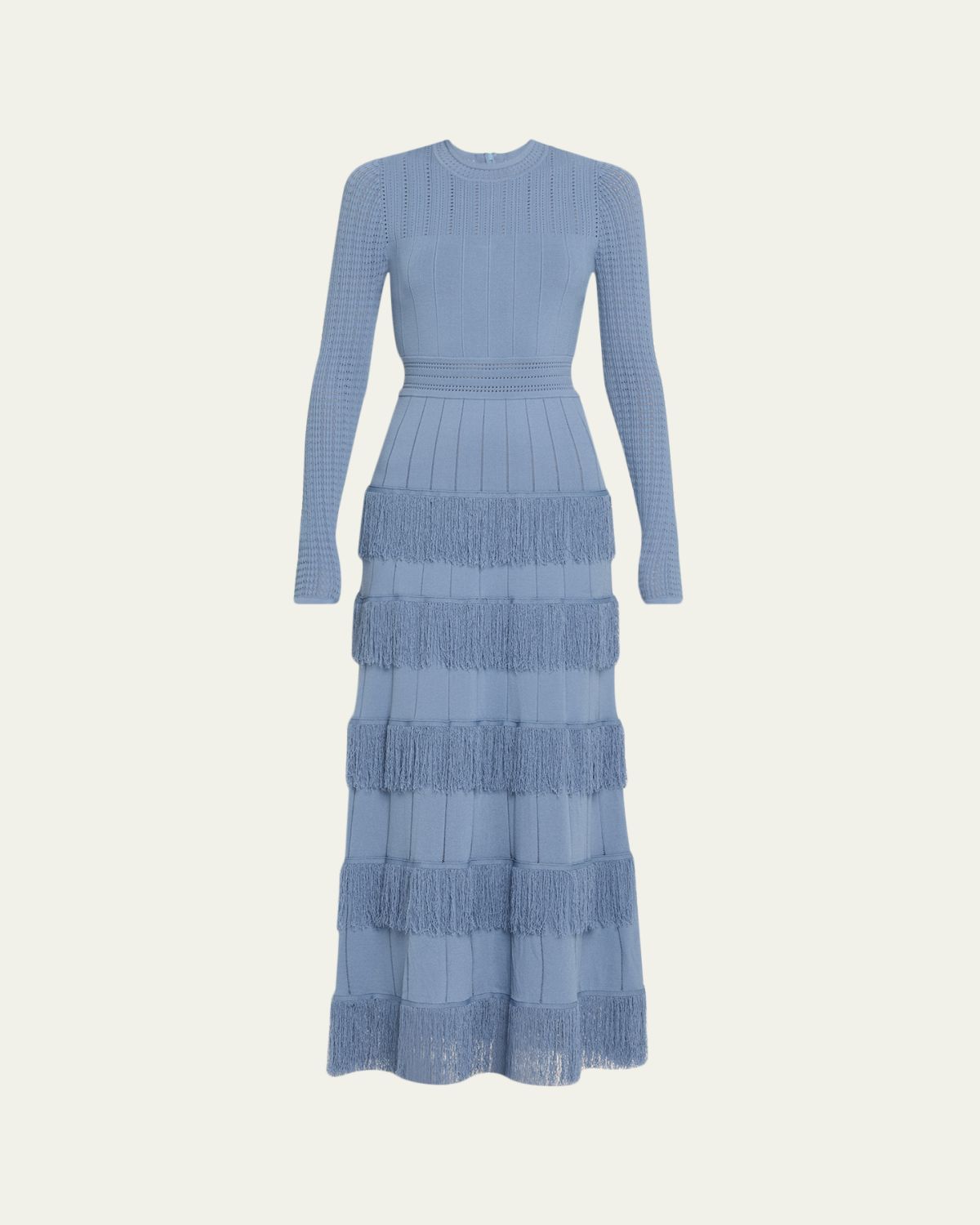 Lela Rose Tiered Fringe Long-Sleeve Maxi Dress