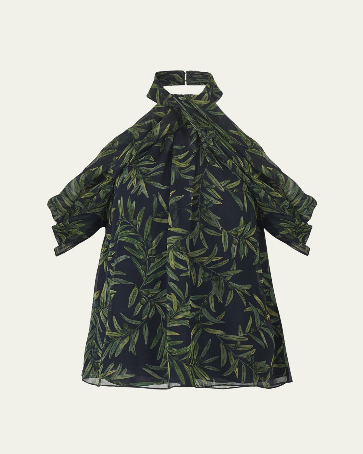 Carolina Herrera Olive-Print Draped Cold-Shoulder Chiffon Halter Blouse