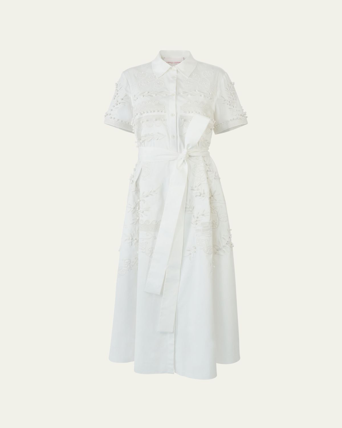Carolina Herrera Grecian Embroidered Short-Sleeve Midi Shirtdress With Belt