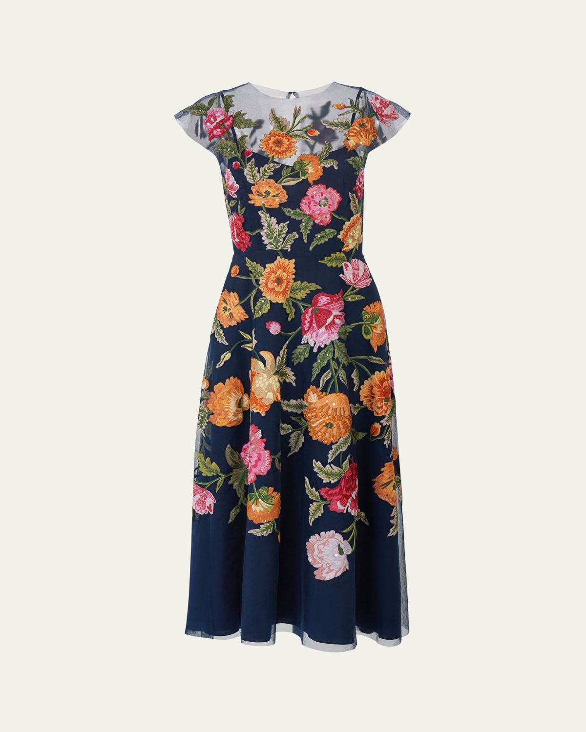 Carolina Herrera Floral Embroidered Cap-Sleeve Illusion Midi Dress