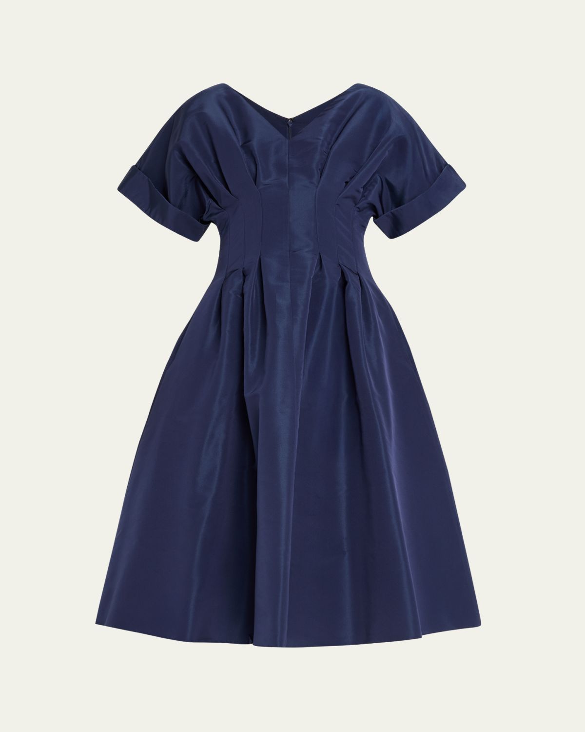 Carolina Herrera V-Neck Pleated Short-Sleeve Midi Dress
