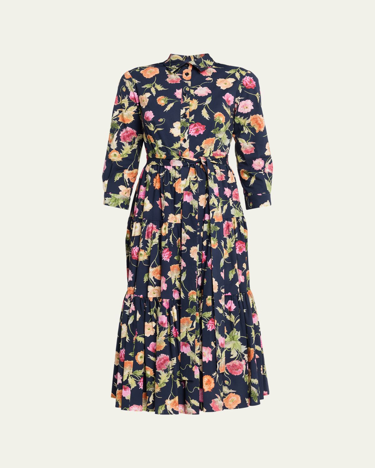 Carolina Herrera Belted 3/4-Sleeve Floral Cotton Midi Shirt Dress