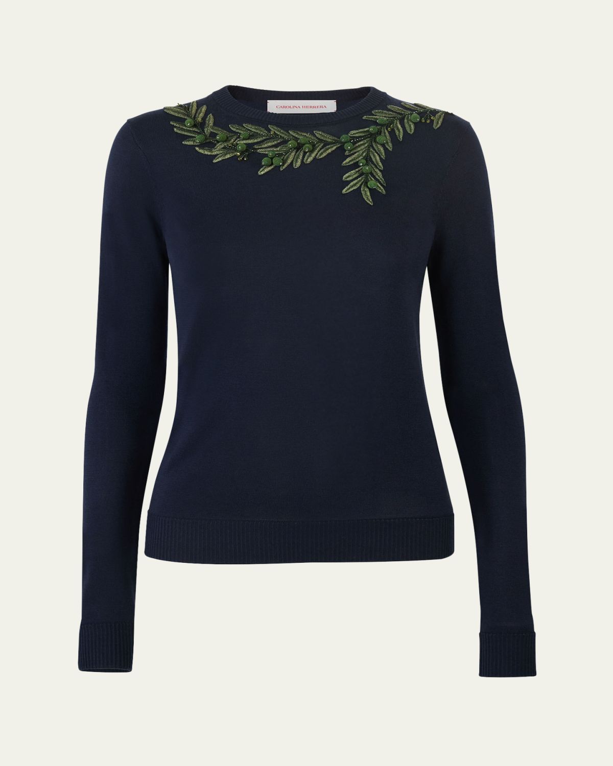 Carolina Herrera Olive Branch Embroidered Silk-Cotton Crewneck Sweater
