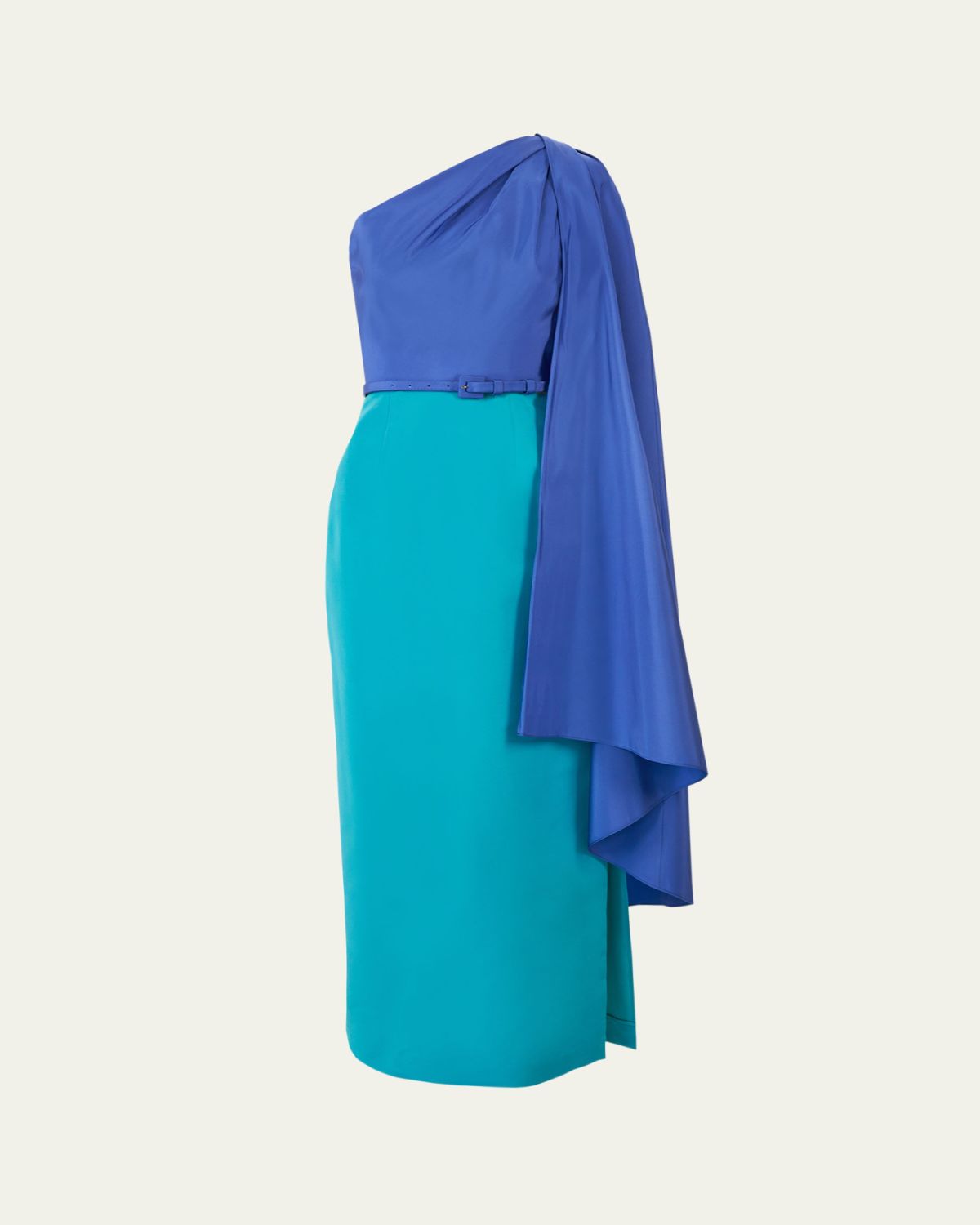 Carolina Herrera Colorblock Silk Belted One-Shoulder Maxi Dress With Detachable Drape