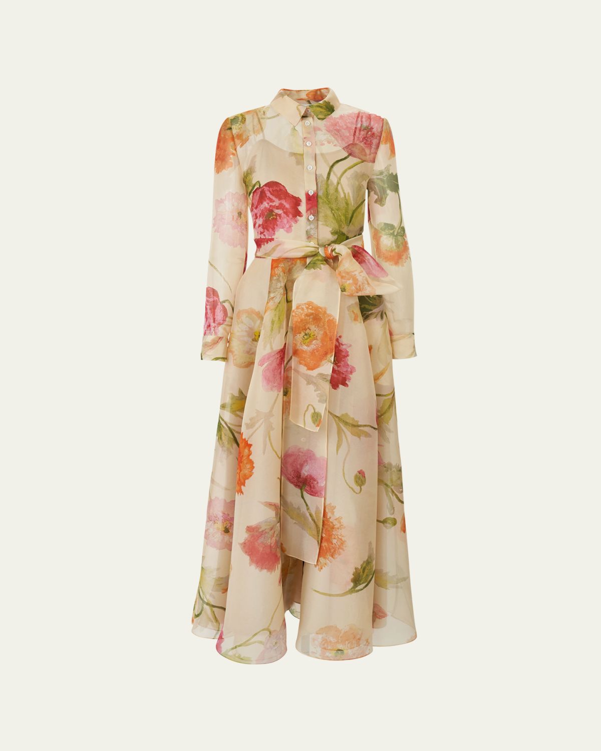 Carolina Herrera Floral Silk Organza Belted Long-Sleeve Maxi Trench Dress