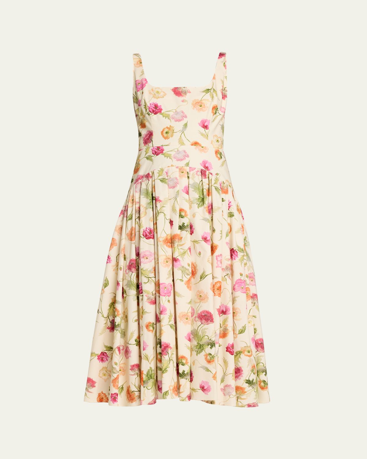 Carolina Herrera Floral Sleeveless Drop-Waist Pleated Midi Dress
