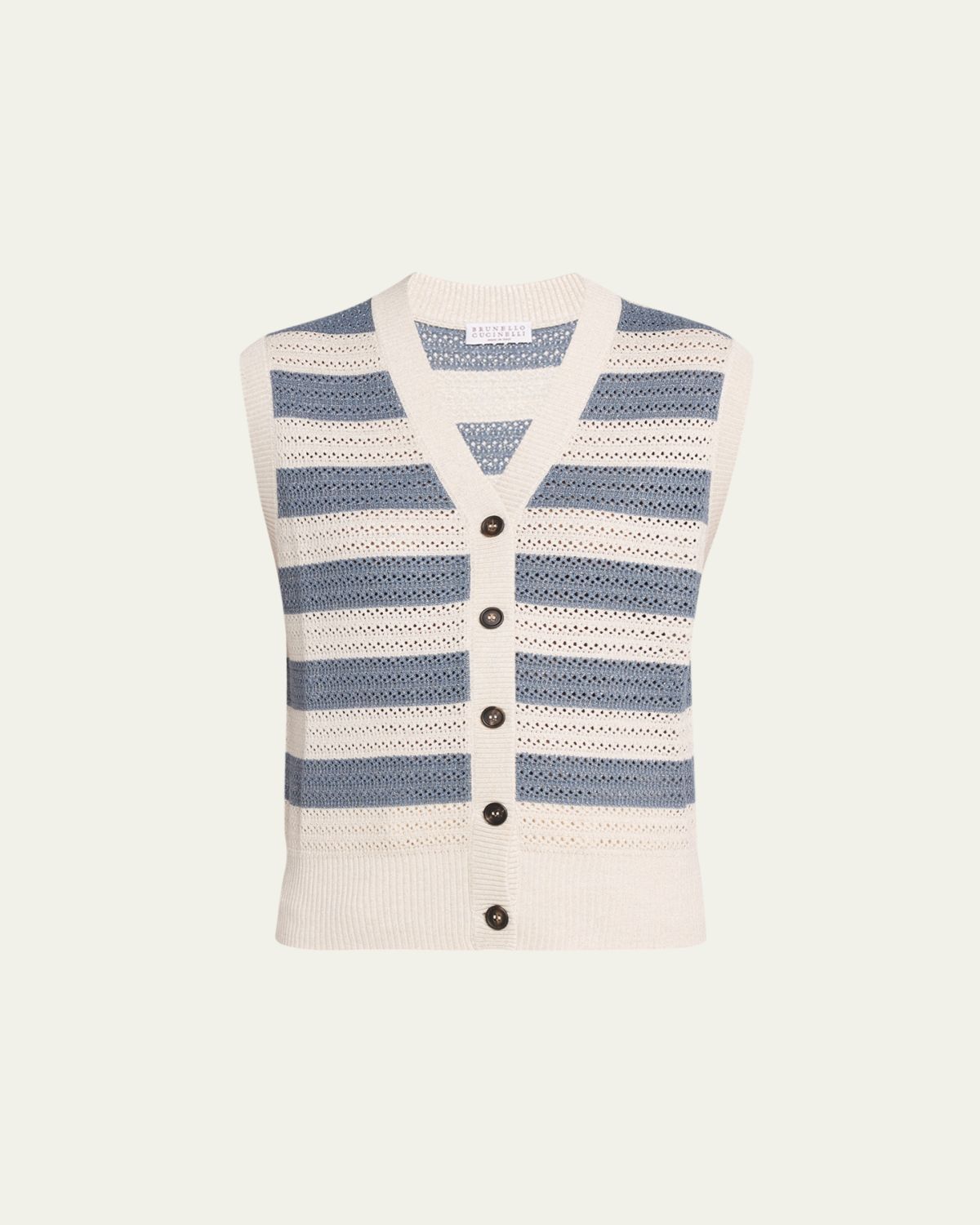 Brunello Cucinelli Sparkling Striped Crochet Knit Vest