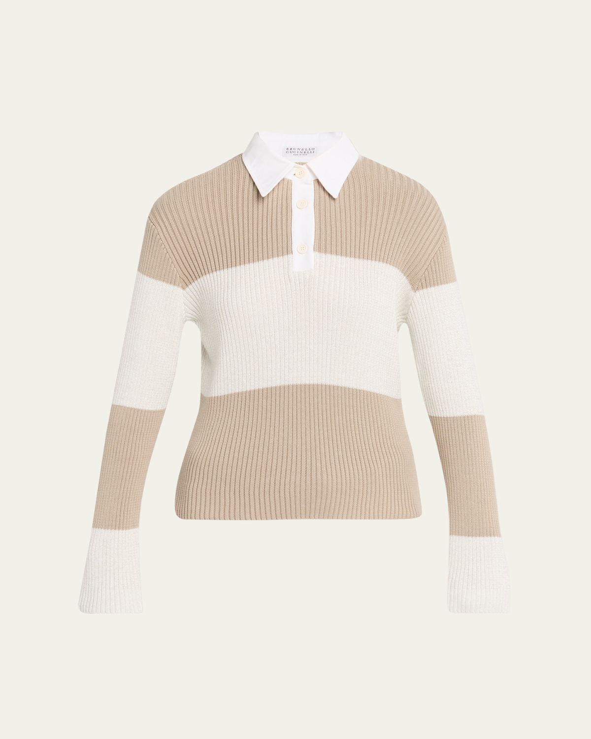 Brunello Cucinelli Shimmering Striped Cotton Rib Polo Sweater