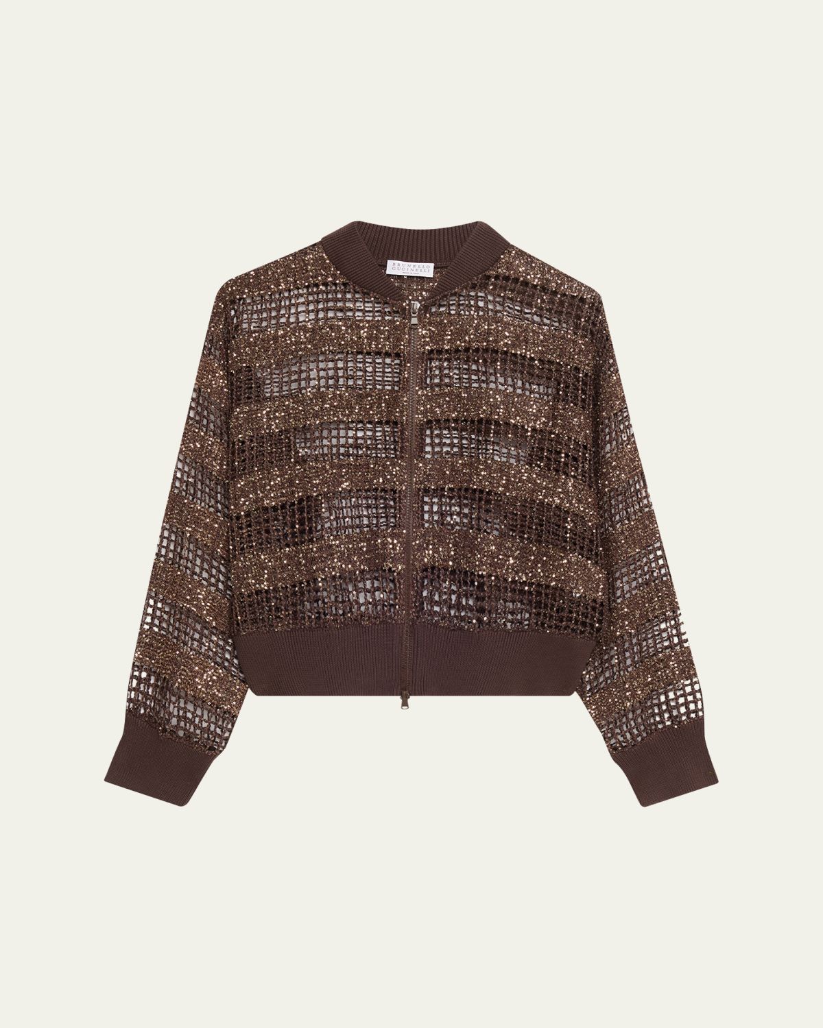 Brunello Cucinelli Sparkling Sequin Net Knit Bomber Jacket