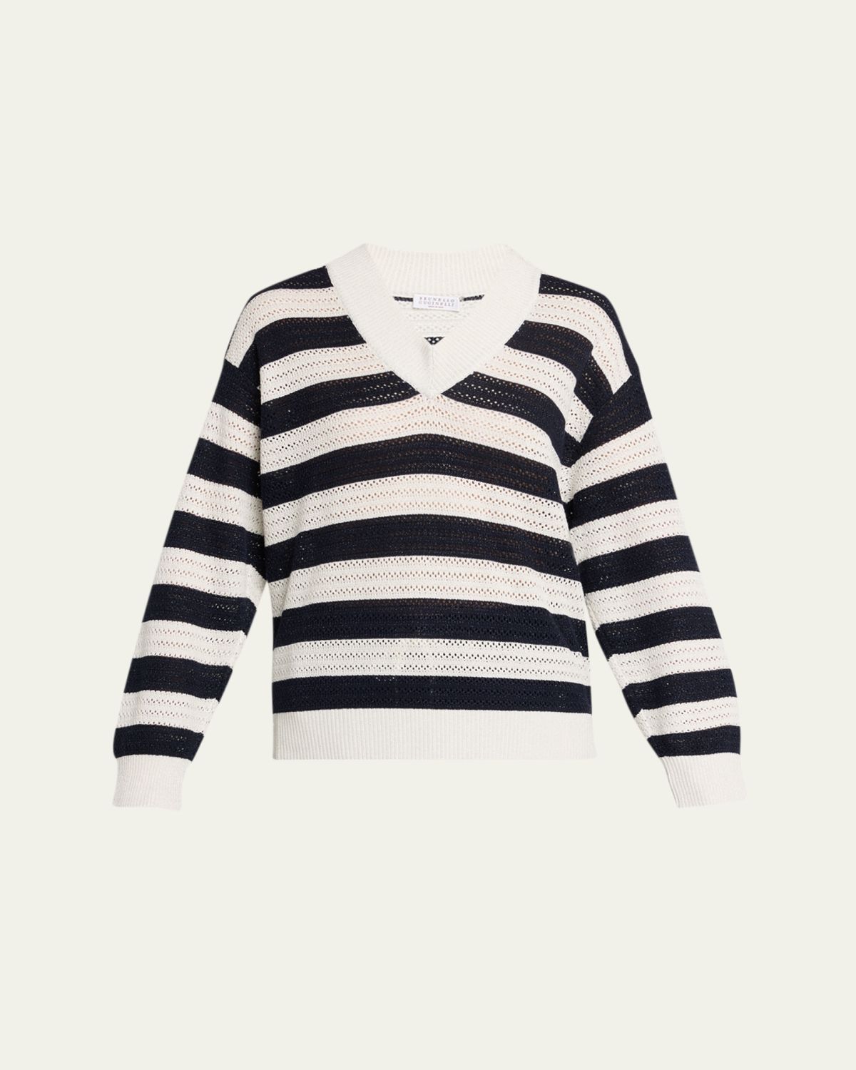 Brunello Cucinelli Sparkling Striped Cotton Net Knit V-Neck Sweater