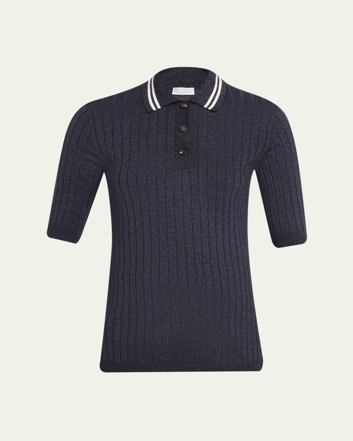 Brunello Cucinelli Shimmering Cashmere Rib Short-Sleeve Polo Sweater