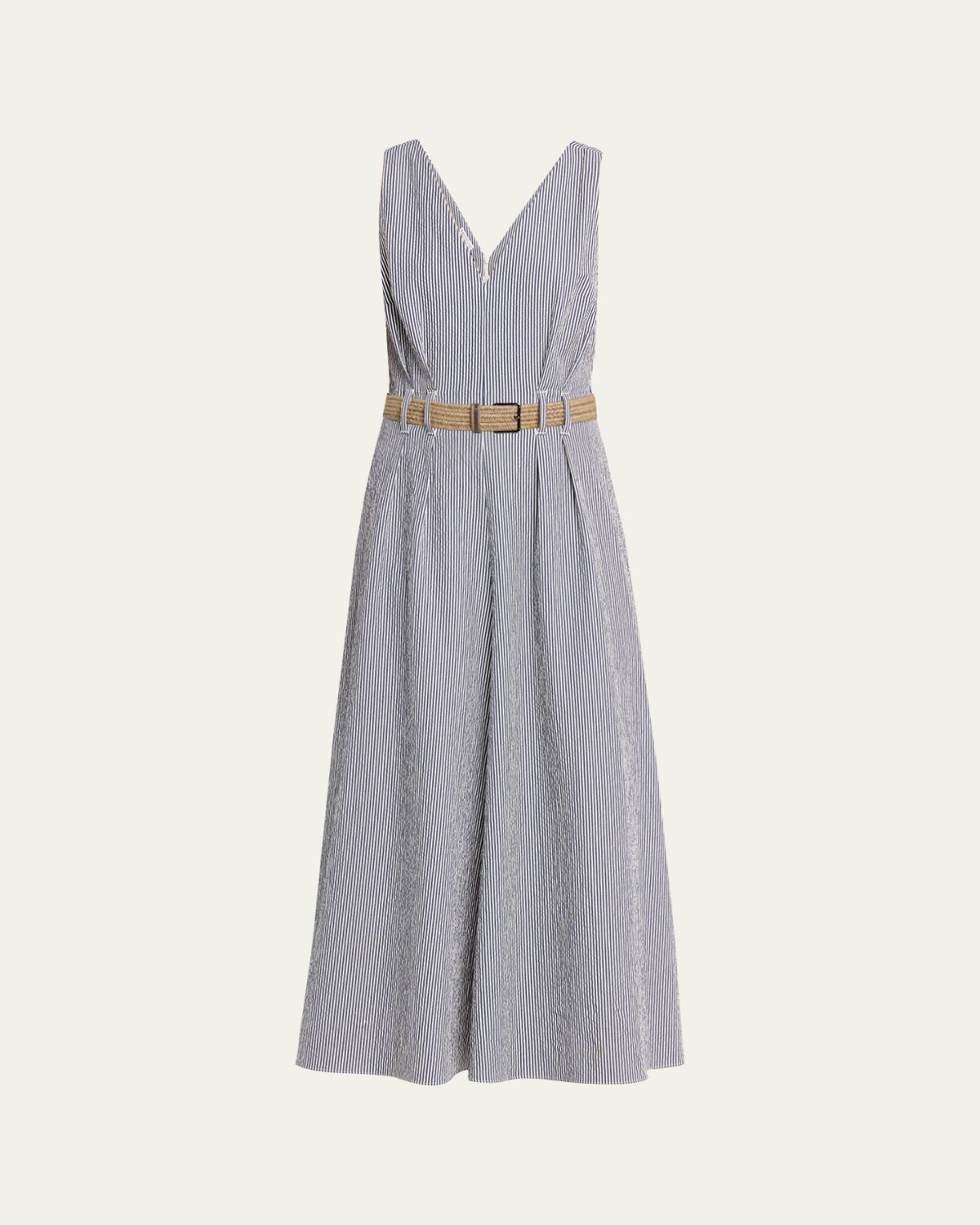 Brunello Cucinelli V-Neck Seersucker Cotton Sleeveless Midi Dress