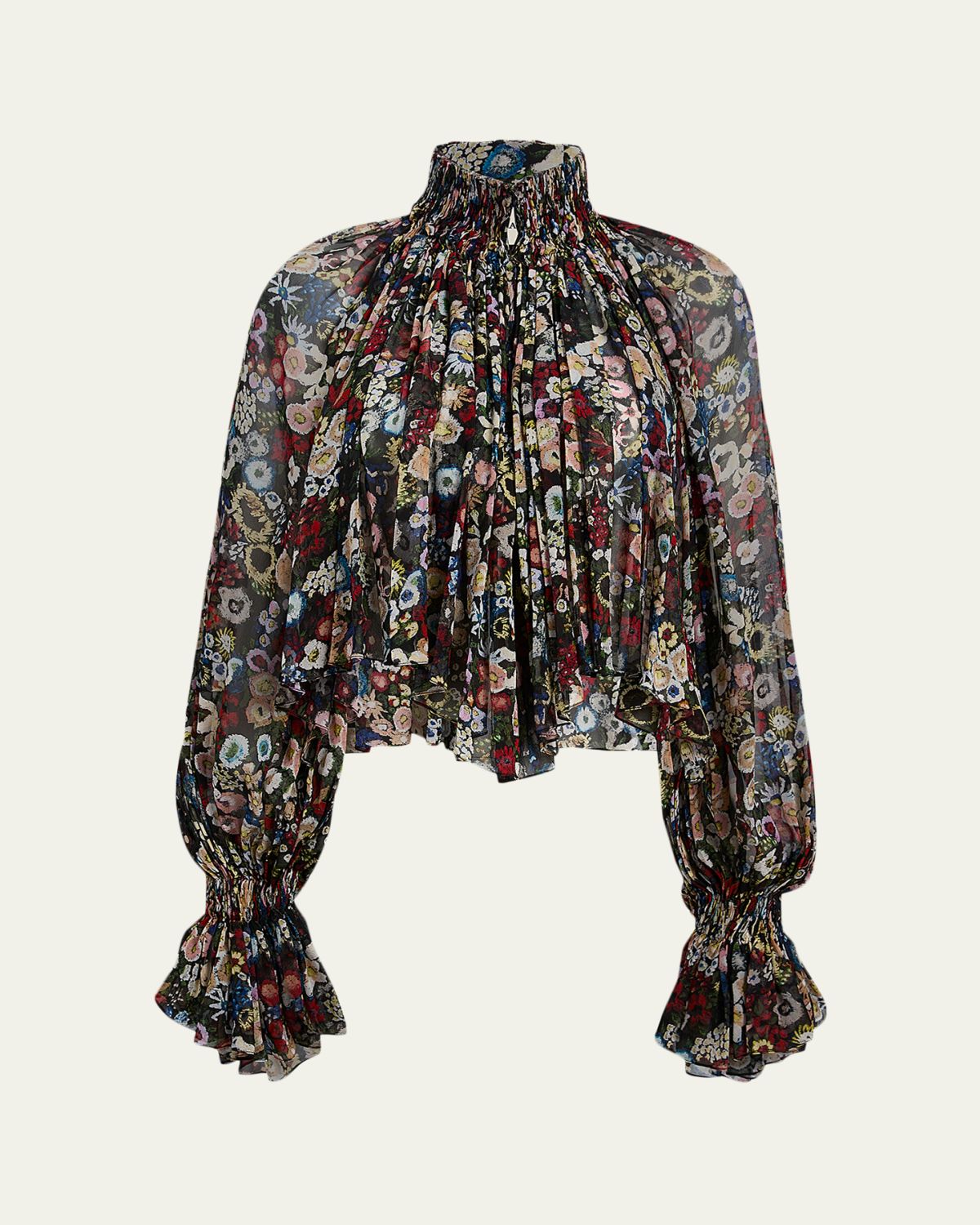 Khaite Durer Floral Silk Balloon-Sleeve Peasant Top