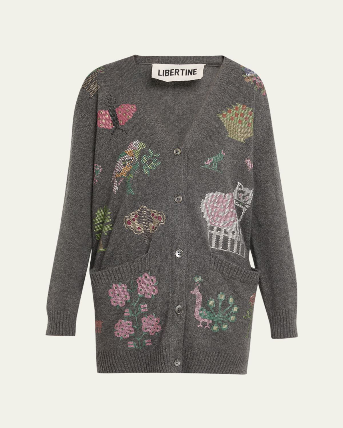 Libertine Needlepoint Embellished Cashmere Oversized V-Neck Cardigan