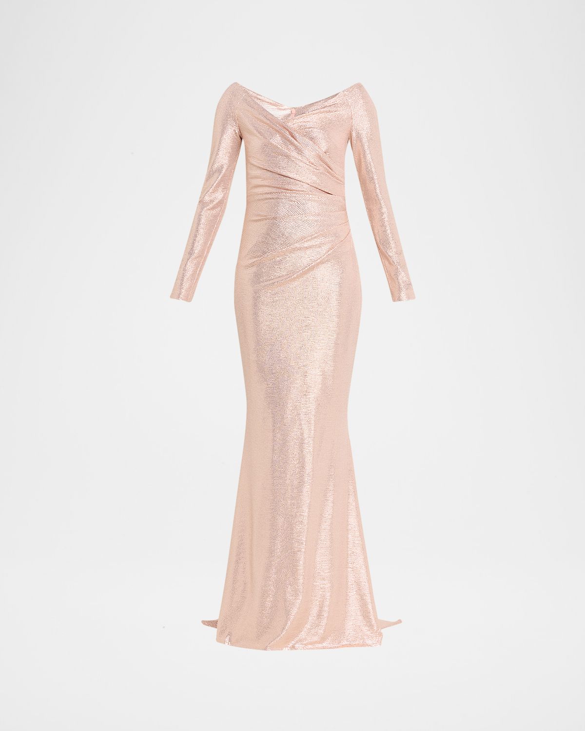 Talbot Runhof Metallic Draped Off-The-Shoulder Long-Sleeve Gown