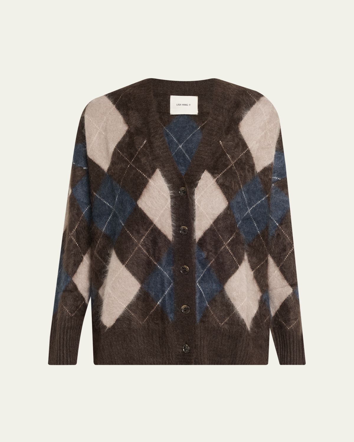 Lisa Yang Elaria Argyle Fuzzy Cashmere V-Neck Cardigan