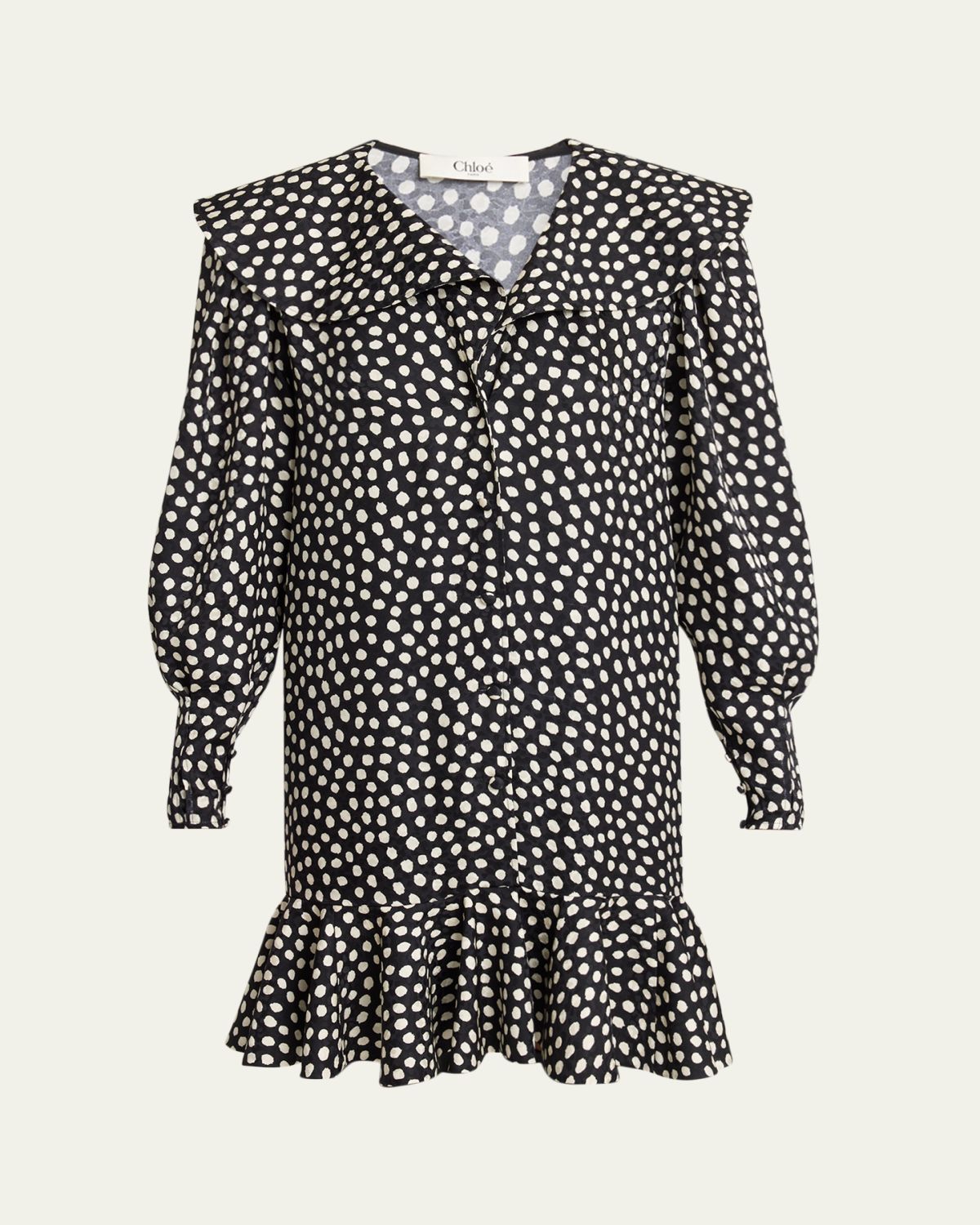 Chloe Dots-Print Silk Jacquard Capelet Long-Sleeve Mini Dress