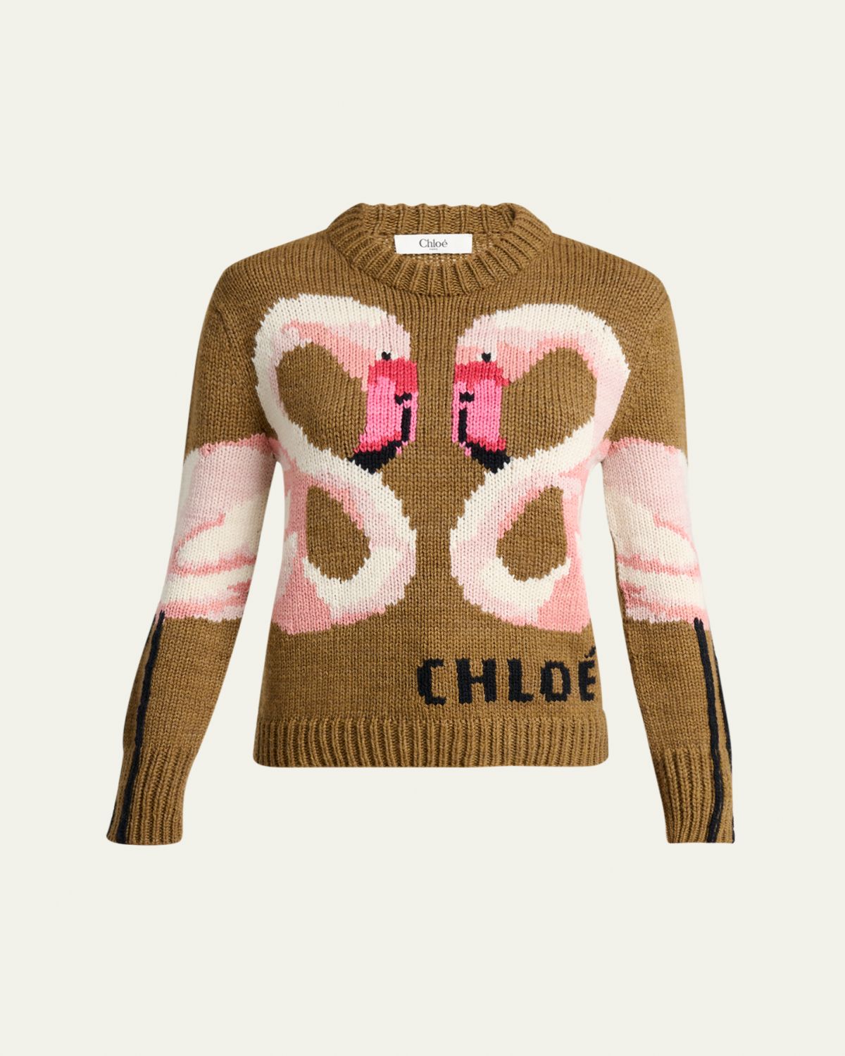 Chloe Flamingo Wool Knit Crewneck Sweater