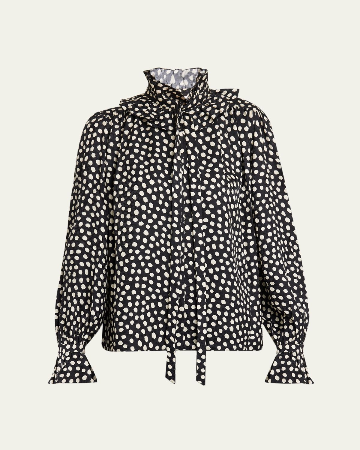 Chloe Dots-Print Silk Jacquard Ruffle Blouse