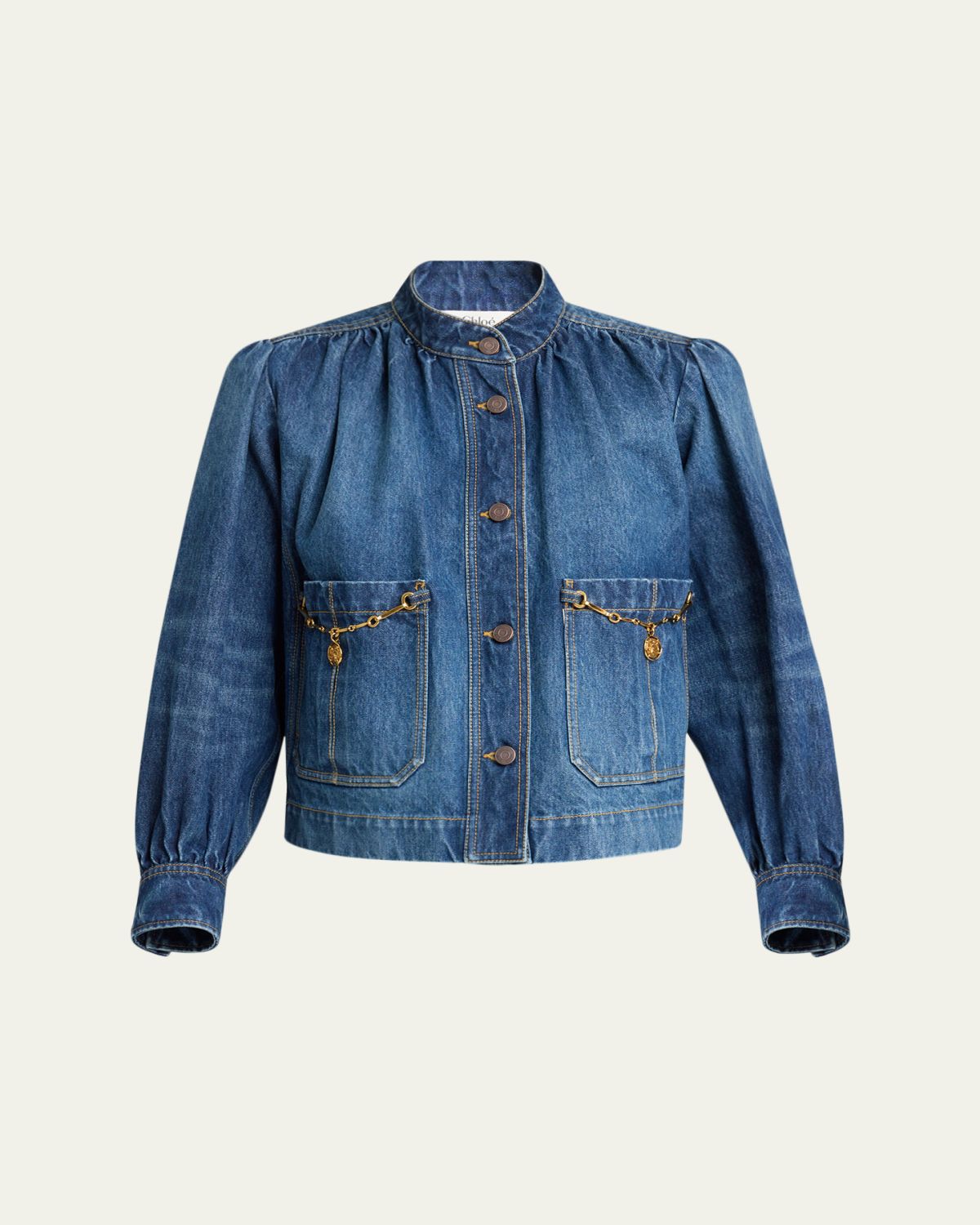 Chloe Horse-Pendant Gathered Denim Jacket